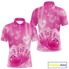Load image into Gallery viewer, Custom Pink Valentine Bowling Couple Shirts, Pink Heart Theme Bowling Jerseys With His Name And Her Name IPHW10470