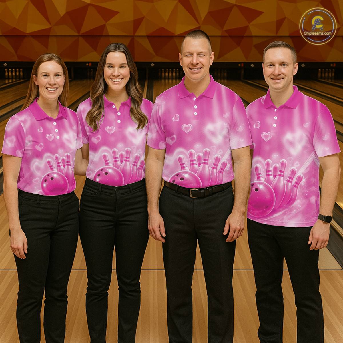 Custom Pink Valentine Bowling Couple Shirts, Pink Heart Theme Bowling Jerseys With His Name And Her Name IPHW10470