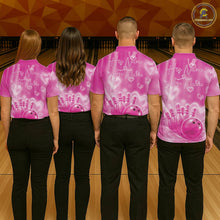 Load image into Gallery viewer, Custom Pink Valentine Bowling Couple Shirts, Pink Heart Theme Bowling Jerseys With His Name And Her Name IPHW10470