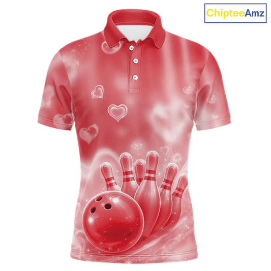 Custom Red Valentine Bowling Couple Shirts, Red Heart Theme Bowling Jerseys With His Name And Her Name IPHW10471