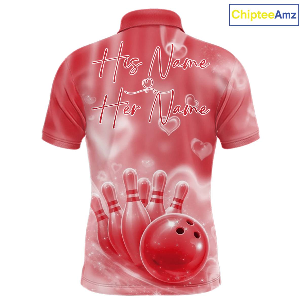 Custom Red Valentine Bowling Couple Shirts, Red Heart Theme Bowling Jerseys With His Name And Her Name IPHW10471