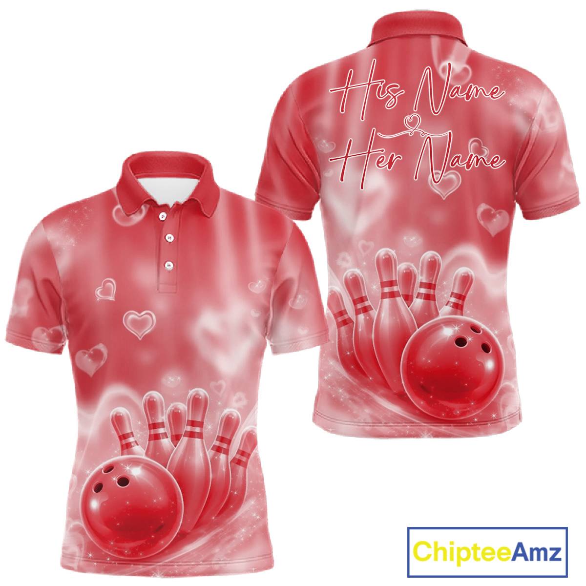 Custom Red Valentine Bowling Couple Shirts, Red Heart Theme Bowling Jerseys With His Name And Her Name IPHW10471