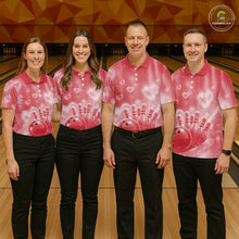 Load image into Gallery viewer, Custom Red Valentine Bowling Couple Shirts, Red Heart Theme Bowling Jerseys With His Name And Her Name IPHW10471