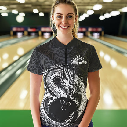 Custom Viking Dragon Bowling Quarter-Zip Team Shirts For Women, Celtic Bowling Shirt IPHW8584