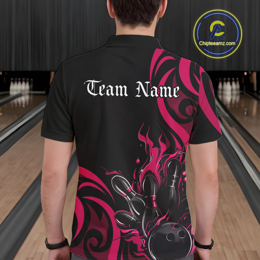 Custom Black And Pink Tribal Flame Bowling Men Shirts, Bowling League Shirt Team Jerseys IPHW10737