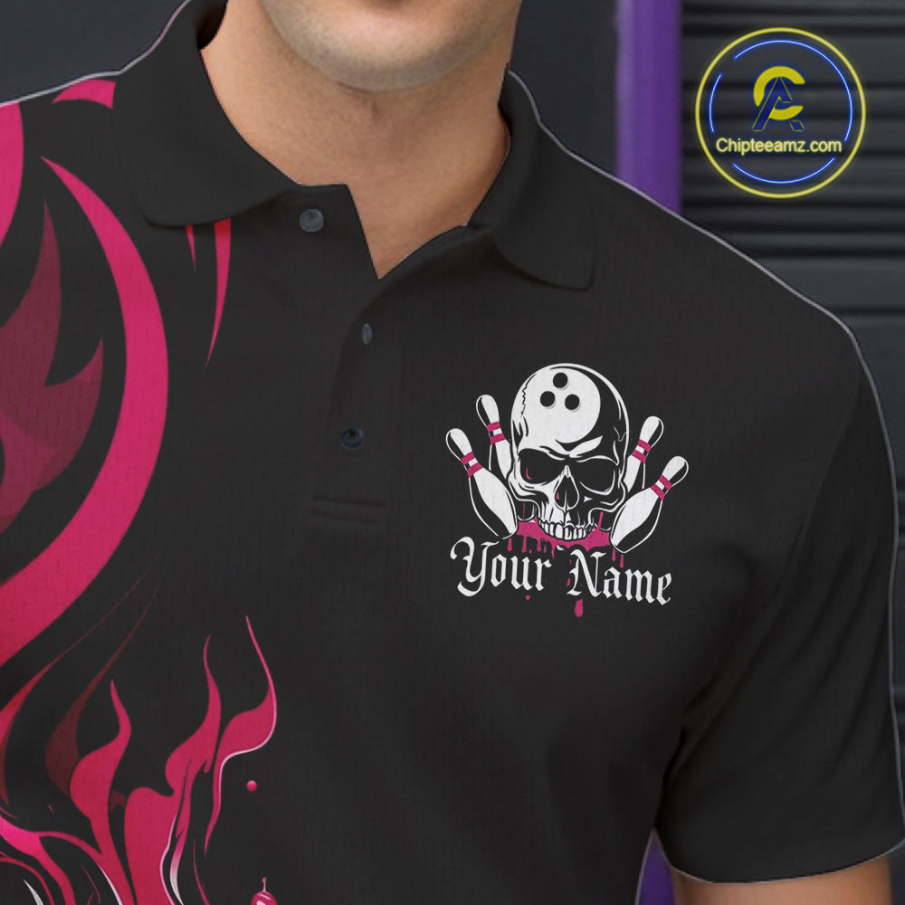 Custom Black And Pink Tribal Flame Bowling Men Shirts, Bowling League Shirt Team Jerseys IPHW10737