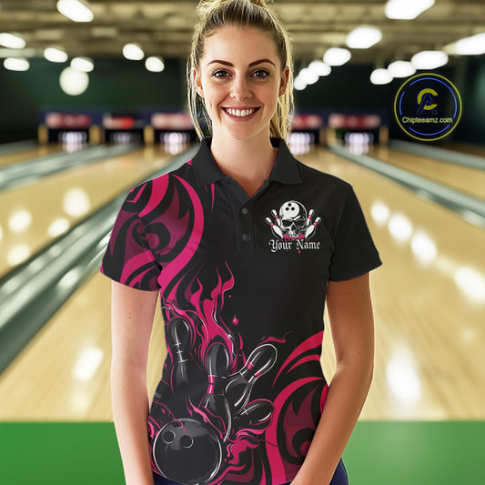 Custom Black And Pink Tribal Flame Bowling Women Shirts, Bowling League Shirt Team Jerseys IPHW10737
