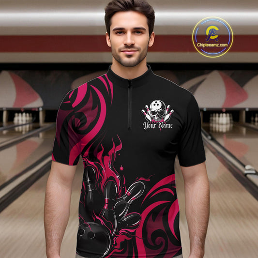Custom Black And Pink Tribal Flame Bowling Men Shirts, Bowling League Shirt Team Jerseys IPHW10737