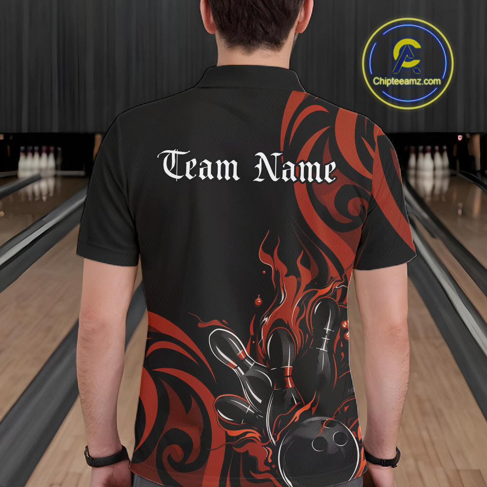Custom Black And Orange Tribal Flame Bowling Men Shirt, Bowling League Shirt Team Jerseys IPHW10738