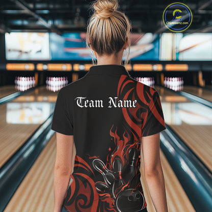 Custom Black And Orange Tribal Flame Bowling Women Shirt, Bowling League Shirt Team Jerseys IPHW10738