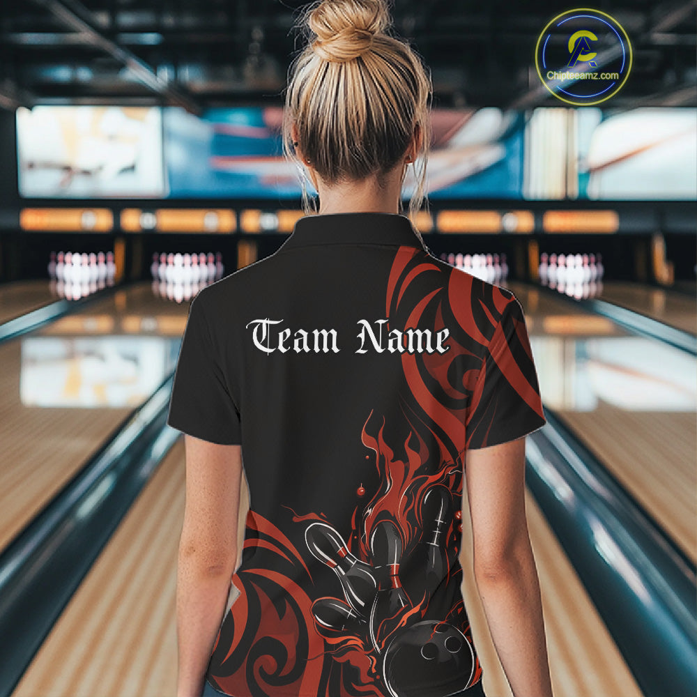 Custom Black And Orange Tribal Flame Bowling Women Shirt, Bowling League Team Jerseys IPHW10738