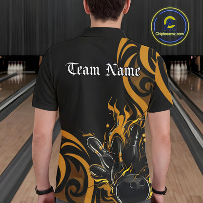 Custom Black And Yellow Tribal Flame Bowling Men Shirt, Bowling League Shirt Team Jerseys IPHW10739