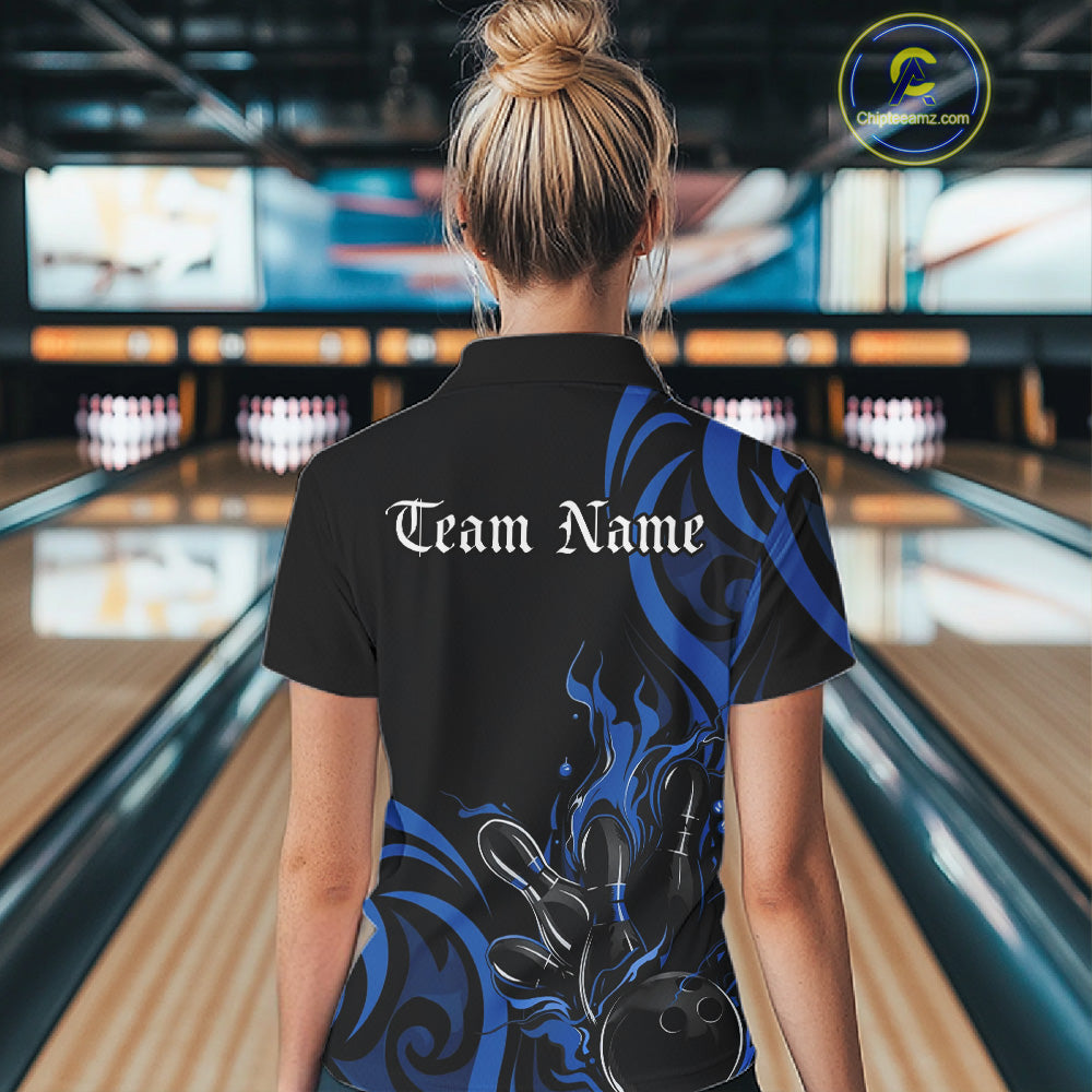 Custom Black And Blue Tribal Flame Bowling Women Shirt, Bowling League Shirt Team Jerseys IPHW10740