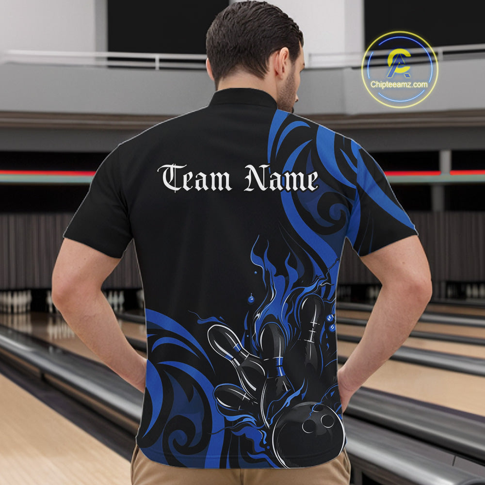Custom Black And Blue Tribal Flame Bowling Men Shirt, Bowling League Shirt Team Jerseys IPHW10740