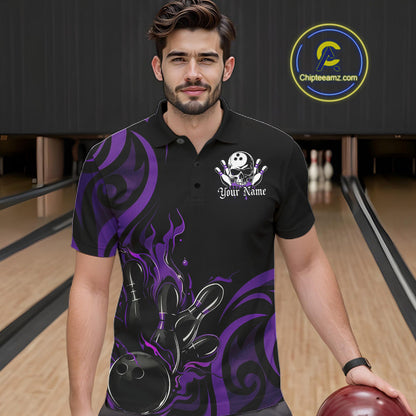 Custom Black And Purple Tribal Flame Bowling Men Shirt, Bowling League Shirt Team Jerseys IPHW10741