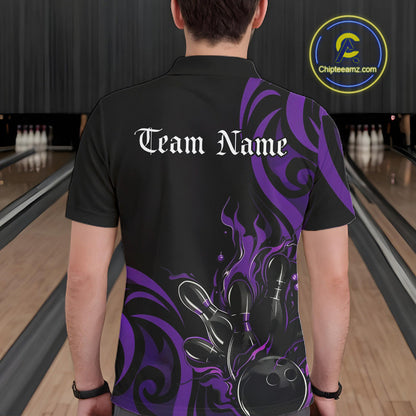 Custom Black And Purple Tribal Flame Bowling Men Shirt, Bowling League Shirt Team Jerseys IPHW10741