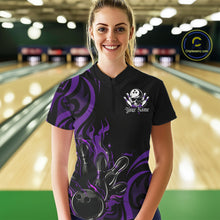 Load image into Gallery viewer, Custom Black And Purple Tribal Flame Bowling Women Shirt, Bowling League Team Jerseys IPHW10741