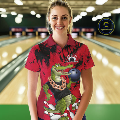 Red Custom Funny Alligator Bowling Women Polo Shirt, Bowling Team Jerseys Bowler Outfit IPHW10772