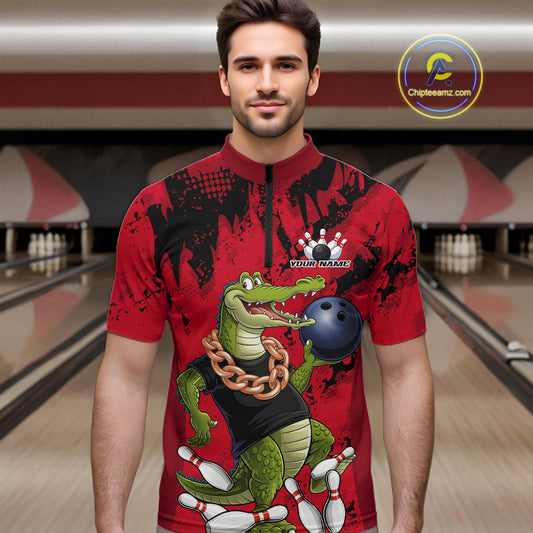 Red Custom Funny Alligator Bowling Men Quarter-Zip Shirt, Bowling Team Jerseys Bowler Outfit IPHW10772