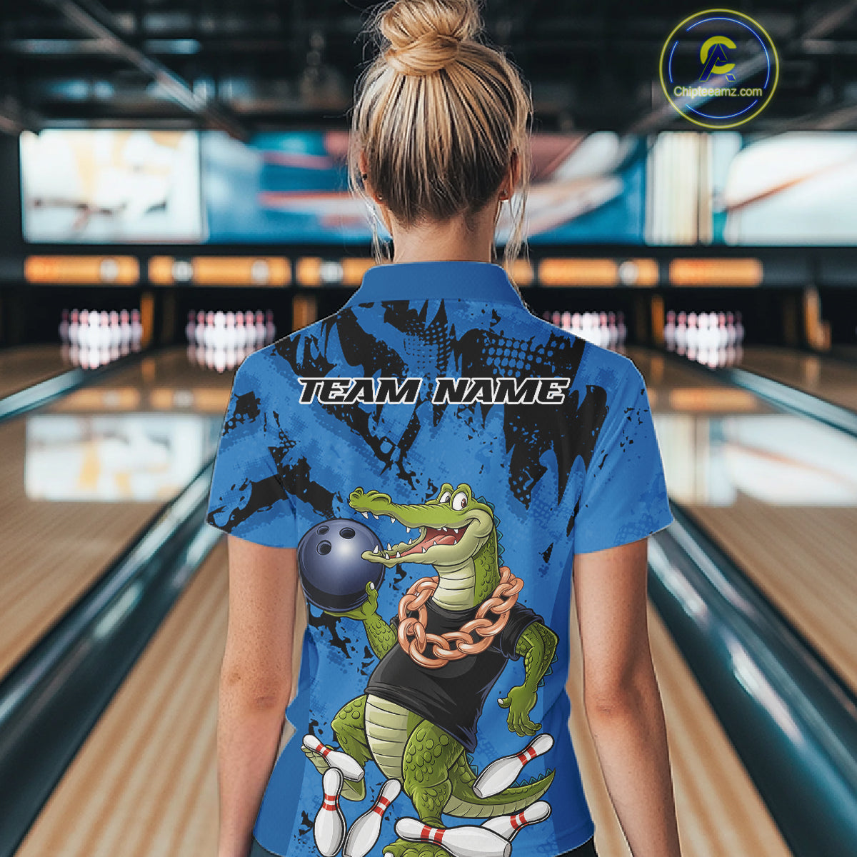 Blue Custom Funny Alligator Bowling Women Polo Shirt, Bowling Team Jerseys Bowler Outfit IPHW10773