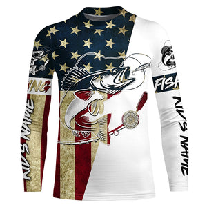 Walleye Fishing American Flag Custom Long Sleeve Fishing Shirts, Patriotic Fishing Gifts Uv Clothing IPHW6059