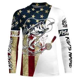 Personalized Vintage American Flag Bass Fishing Long Sleeve Shirts, Patriotic Bass Fishing Jerseys IPHW6063