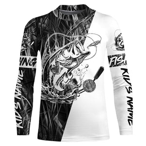 Custom Bass Fishing Tattoo Gray Camo Long Sleeve Tournament Fishing Shirts, Bass Fishing Jerseys IPHW6078