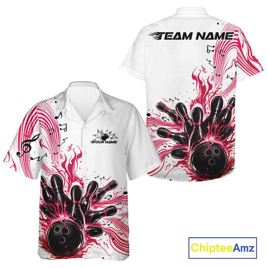 Front and back views of a white and pink button-up bowling shirt displaying bowling strike artwork and music-inspired wave graphics.
