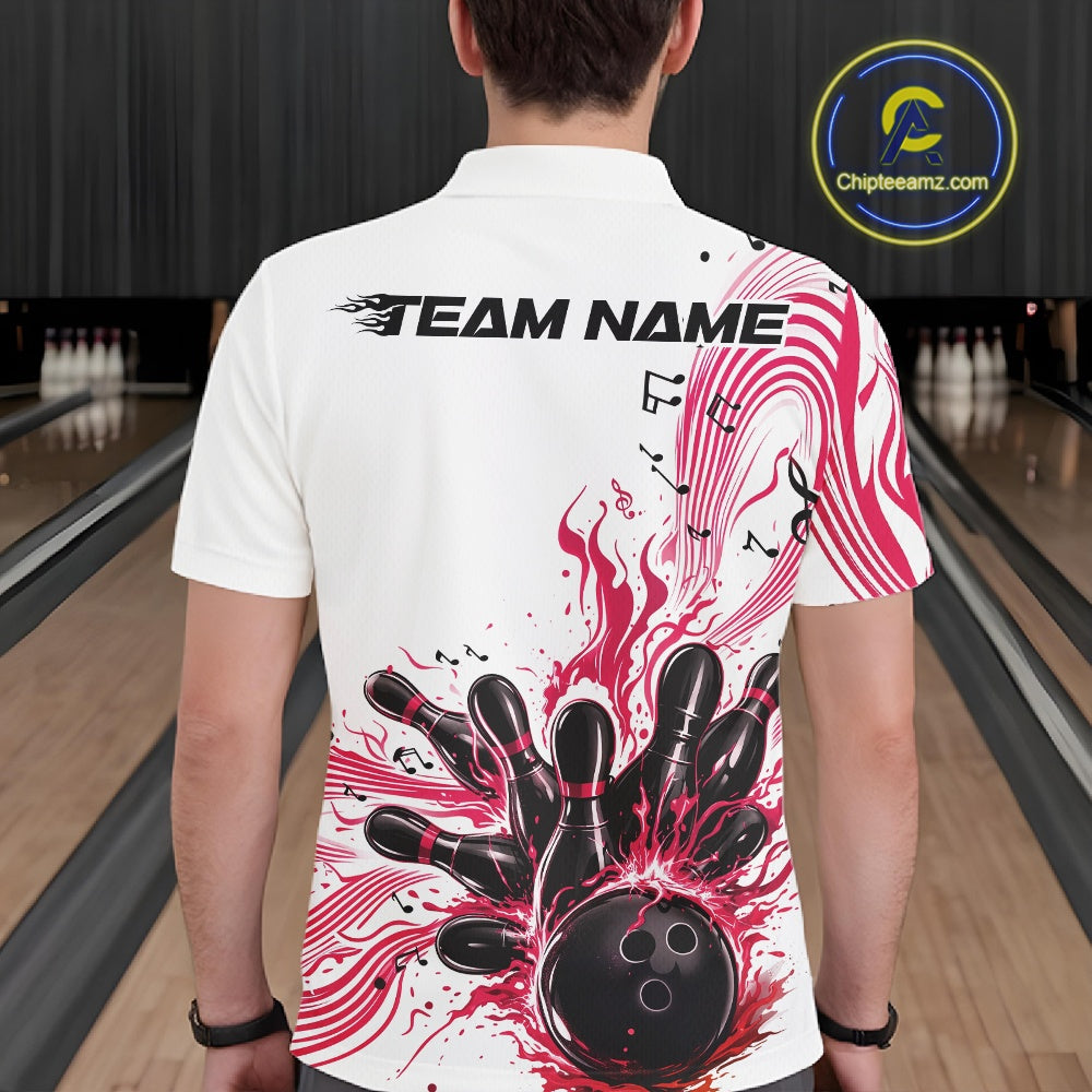 Back view of a male model in a white and pink bowling polo shirt featuring bowling strike artwork and music-inspired details.