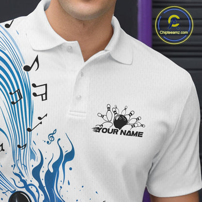 Close-up of the left chest on a white and blue bowling polo shirt featuring bowling graphics and flowing music note accents.