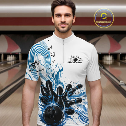 Male model wearing a white and blue bowling quarter-zip shirt at the lane with musical bowling graphics and flowing wave accents.