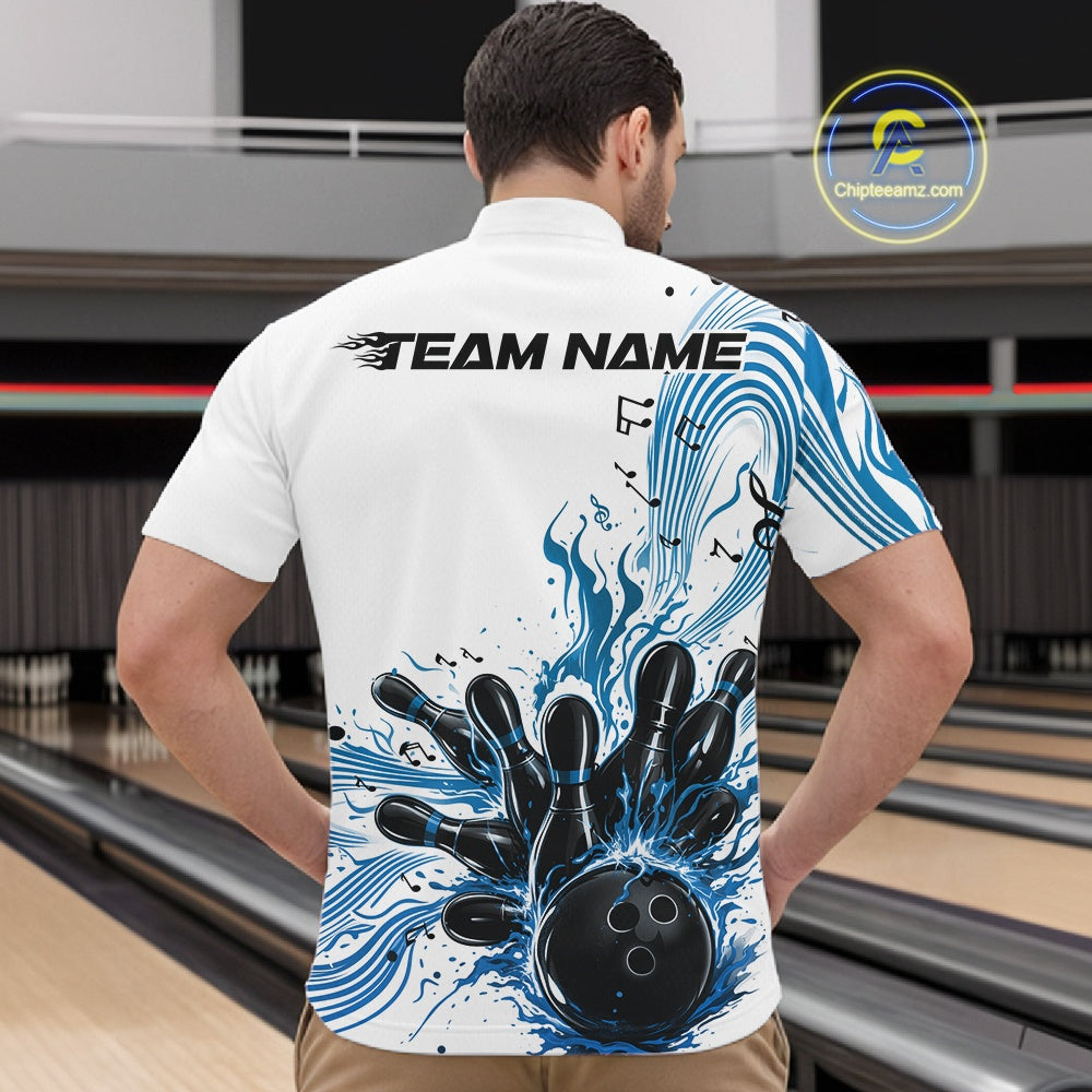 Front view of a male model in a white and blue bowling quarter-zip shirt featuring bowling strike artwork with music note details.