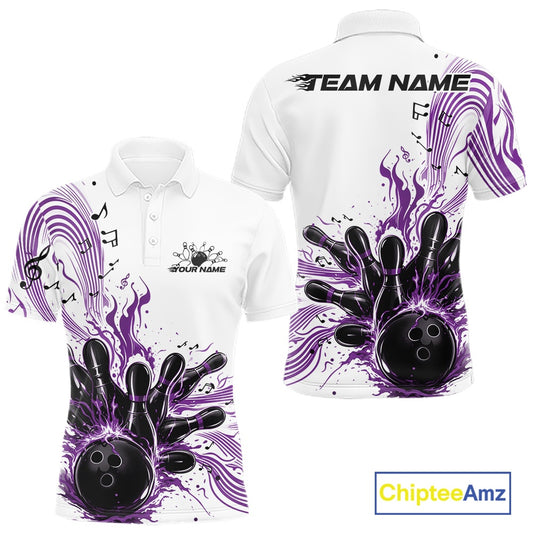 Front and back views of a white and purple mens bowling polo shirt featuring bowling pins, a bowling ball, and flowing music note graphics.