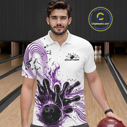 Male model wearing a white and purple bowling polo shirt at the bowling lane with musical bowling artwork and wave accents.