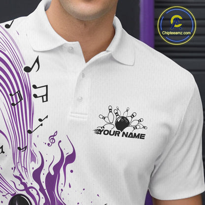 Left chest close-up of a white and purple bowling polo shirt showcasing bowling ball and pin graphics with musical wave accents.