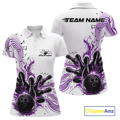 Front and back views of a white and purple womens bowling polo shirt featuring bowling pins, a bowling ball, and music note wave graphics.