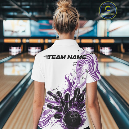 Back view of a female model in a white and purple bowling polo shirt displaying bowling strike graphics and music-themed details.