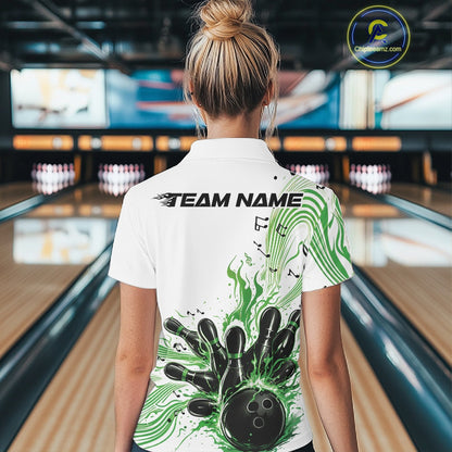 Back view of a female model in a white and green bowling quarter-zip shirt displaying music note waves and bowling pin artwork.