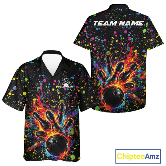 Front and back views of a black button-up bowling shirt featuring colorful paint splatter artwork surrounding a flaming bowling strike scene.