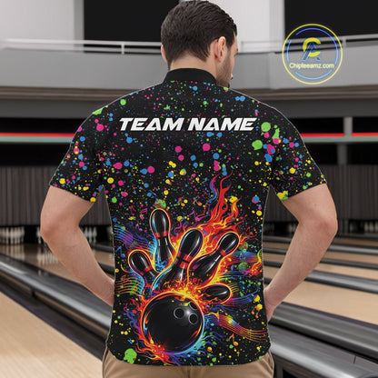 Front view of a male model in a black bowling quarter-zip shirt featuring colorful paint splatter bowling graphics.