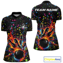 Load image into Gallery viewer, Front and back views of a black womens bowling quarter-zip shirt showcasing a flaming bowling ball and colorful paint splatter music theme.