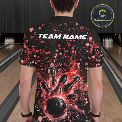 Back view of a male model in a black bowling polo shirt showcasing fiery bowling artwork and red music-inspired details.