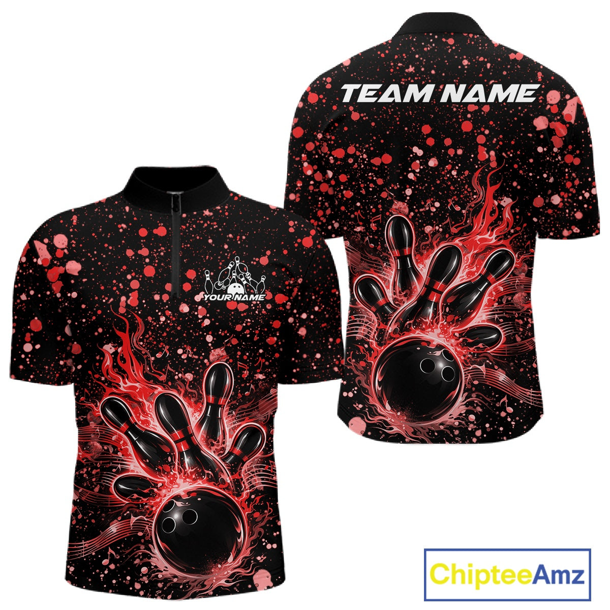 Front and back views of a black mens bowling quarter-zip shirt featuring flaming bowling artwork with red paint splatter music accents.