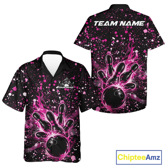Front and back views of a black button-up bowling shirt showcasing fiery bowling graphics accented by pink paint splatter music motifs.