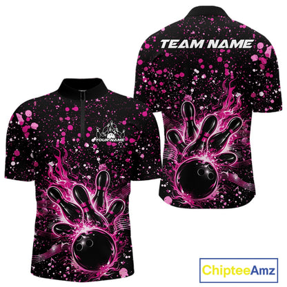 Front and back views of a black mens bowling quarter-zip shirt featuring a flaming bowling ball striking pins with pink paint splatter music artwork.