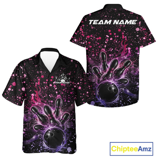 Front and back views of a black button-up bowling shirt featuring a flaming bowling ball striking pins with pink and purple paint splatter music-themed artwork.