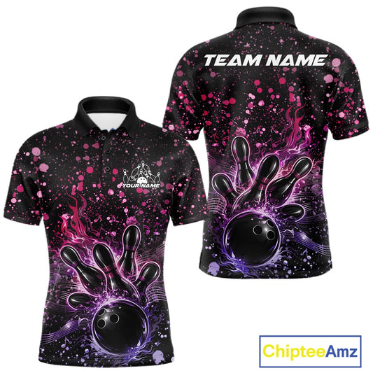Front and back views of a black mens bowling polo shirt featuring a flaming bowling ball, pink and purple paint splatter accents, and music-inspired graphics.