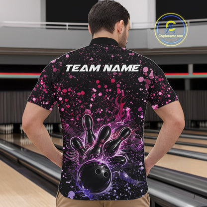 Front view of a male model in a black bowling quarter-zip shirt showcasing fiery bowling graphics with pink and purple paint splatter details.