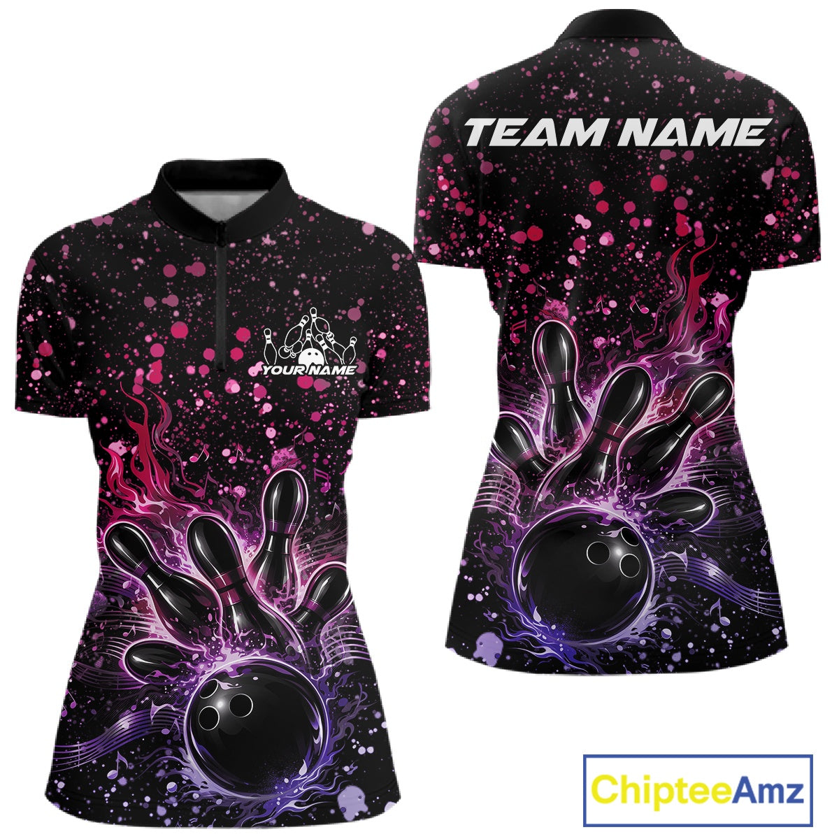 Front and back views of a black womens bowling quarter-zip shirt featuring a flaming bowling ball, pins, and pink and purple paint splatter music graphics.