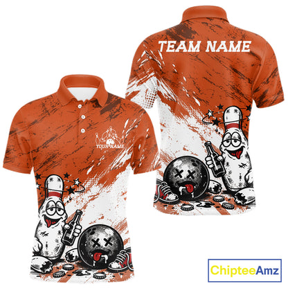 Orange and white personalized bowling polo shirt featuring funny drunk bowling pin and ball graphic print